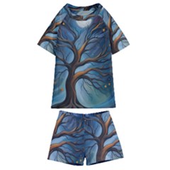 Tree Branches Mystical Moon Expressionist Oil Painting Acrylic Painting Abstract Nature Moonlight Ni Kids  Swim T-shirt And Shorts Set