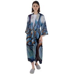 Tree Branches Mystical Moon Expressionist Oil Painting Acrylic Painting Abstract Nature Moonlight Ni Maxi Satin Kimono