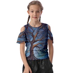 Tree Branches Mystical Moon Expressionist Oil Painting Acrylic Painting Abstract Nature Moonlight Ni Kids  Butterfly Cutout T-shirt