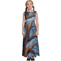 Tree Branches Mystical Moon Expressionist Oil Painting Acrylic Painting Abstract Nature Moonlight Ni Kids  Satin Sleeveless Maxi Dress by Maspions