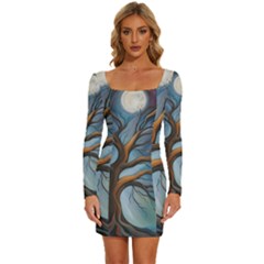 Tree Branches Mystical Moon Expressionist Oil Painting Acrylic Painting Abstract Nature Moonlight Ni Long Sleeve Square Neck Bodycon Velvet Dress by Maspions