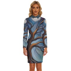 Tree Branches Mystical Moon Expressionist Oil Painting Acrylic Painting Abstract Nature Moonlight Ni Long Sleeve Shirt Collar Bodycon Dress