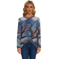 Tree Branches Mystical Moon Expressionist Oil Painting Acrylic Painting Abstract Nature Moonlight Ni Long Sleeve Crew Neck Pullover Top