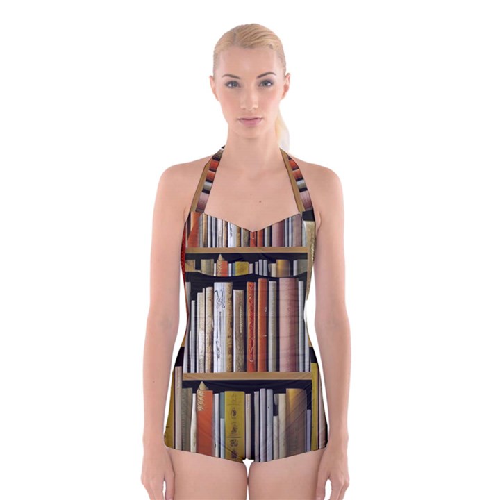 Book Nook Books Bookshelves Comfortable Cozy Literature Library Study Reading Reader Reading Nook Ro Boyleg Halter Swimsuit 