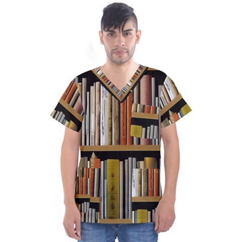 Book Nook Books Bookshelves Comfortable Cozy Literature Library Study Reading Reader Reading Nook Ro Men s V-neck Scrub Top by Maspions