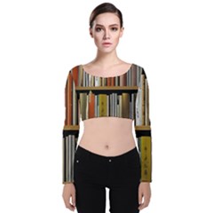 Book Nook Books Bookshelves Comfortable Cozy Literature Library Study Reading Reader Reading Nook Ro Velvet Long Sleeve Crop Top by Maspions