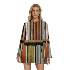 Book Nook Books Bookshelves Comfortable Cozy Literature Library Study Reading Reader Reading Nook Ro Round Neck Long Sleeve Bohemian Style Chiffon Mini Dress