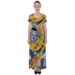 Astronaut Moon Monsters Spaceship Universe Space Cosmos High Waist Short Sleeve Maxi Dress