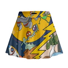 Astronaut Moon Monsters Spaceship Universe Space Cosmos Mini Flare Skirt