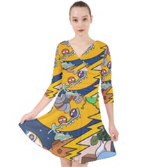 Astronaut Moon Monsters Spaceship Universe Space Cosmos Quarter Sleeve Front Wrap Dress