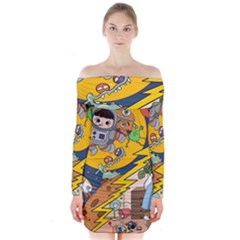 Astronaut Moon Monsters Spaceship Universe Space Cosmos Long Sleeve Off Shoulder Dress