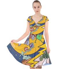 Astronaut Moon Monsters Spaceship Universe Space Cosmos Cap Sleeve Front Wrap Midi Dress by Maspions