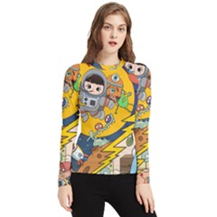 Astronaut Moon Monsters Spaceship Universe Space Cosmos Women s Long Sleeve Rash Guard by Maspions