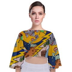 Astronaut Moon Monsters Spaceship Universe Space Cosmos Tie Back Butterfly Sleeve Chiffon Top