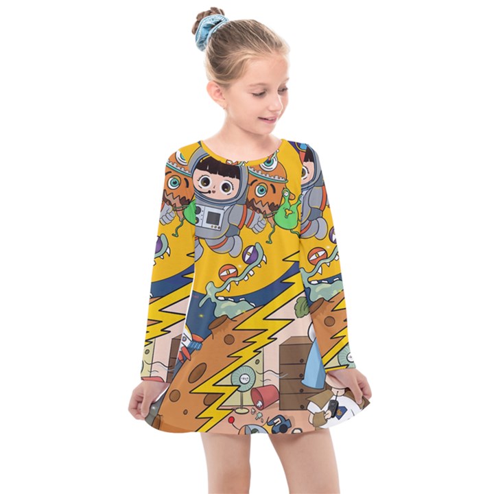 Astronaut Moon Monsters Spaceship Universe Space Cosmos Kids  Long Sleeve Dress