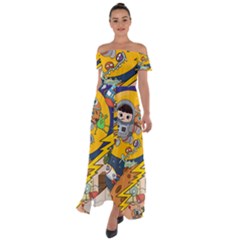 Astronaut Moon Monsters Spaceship Universe Space Cosmos Off Shoulder Open Front Chiffon Dress