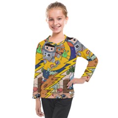 Astronaut Moon Monsters Spaceship Universe Space Cosmos Kids  Long Mesh T-shirt