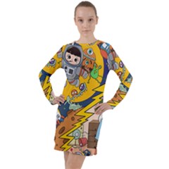 Astronaut Moon Monsters Spaceship Universe Space Cosmos Long Sleeve Hoodie Dress