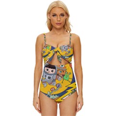 Astronaut Moon Monsters Spaceship Universe Space Cosmos Knot Front One-piece Swimsuit