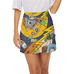 Astronaut Moon Monsters Spaceship Universe Space Cosmos Mini Front Wrap Skirt