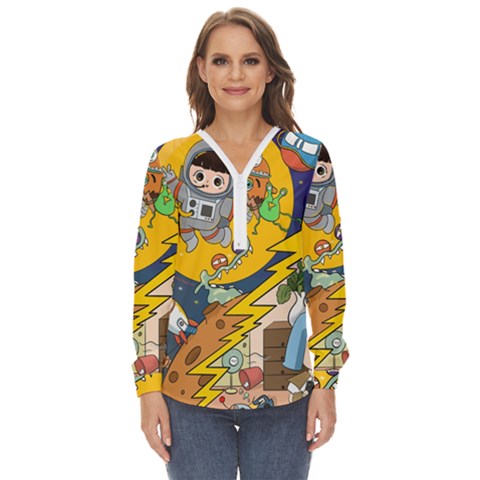 Astronaut Moon Monsters Spaceship Universe Space Cosmos Zip Up Long Sleeve Blouse by Maspions