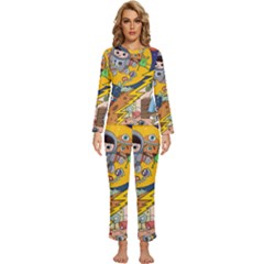 Astronaut Moon Monsters Spaceship Universe Space Cosmos Womens  Long Sleeve Lightweight Pajamas Set by Maspions