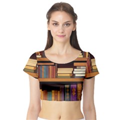 Book Nook Books Bookshelves Comfortable Cozy Literature Library Study Reading Room Fiction Entertain Short Sleeve Crop Top