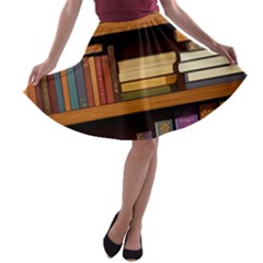 Book Nook Books Bookshelves Comfortable Cozy Literature Library Study Reading Room Fiction Entertain A-line Skater Skirt by Maspions