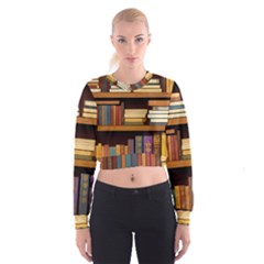 Book Nook Books Bookshelves Comfortable Cozy Literature Library Study Reading Room Fiction Entertain Cropped Sweatshirt