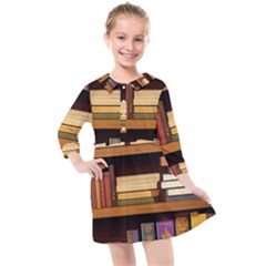 Book Nook Books Bookshelves Comfortable Cozy Literature Library Study Reading Room Fiction Entertain Kids  Quarter Sleeve Shirt Dress by Maspions