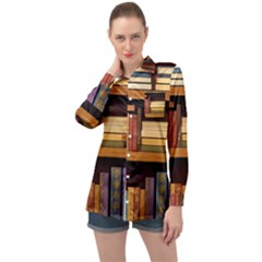 Book Nook Books Bookshelves Comfortable Cozy Literature Library Study Reading Room Fiction Entertain Long Sleeve Satin Shirt