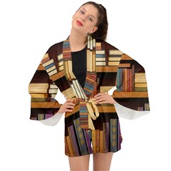 Book Nook Books Bookshelves Comfortable Cozy Literature Library Study Reading Room Fiction Entertain Long Sleeve Kimono by Maspions