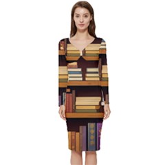 Book Nook Books Bookshelves Comfortable Cozy Literature Library Study Reading Room Fiction Entertain Long Sleeve V-neck Bodycon Dress 