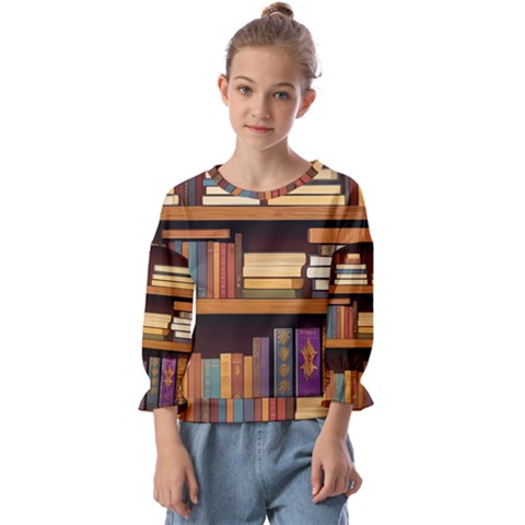 Book Nook Books Bookshelves Comfortable Cozy Literature Library Study Reading Room Fiction Entertain Kids  Cuff Sleeve Top by Maspions