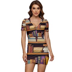 Book Nook Books Bookshelves Comfortable Cozy Literature Library Study Reading Room Fiction Entertain Low Cut Cap Sleeve Mini Dress by Maspions