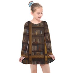 Books Book Shelf Shelves Knowledge Book Cover Gothic Old Ornate Library Kids  Long Sleeve Dress