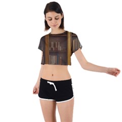 Books Book Shelf Shelves Knowledge Book Cover Gothic Old Ornate Library Tie Back Short Sleeve Crop T-shirt by Maspions