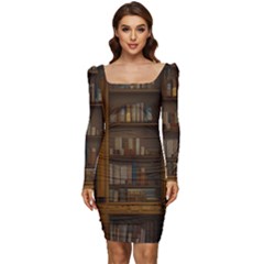 Books Book Shelf Shelves Knowledge Book Cover Gothic Old Ornate Library Women Long Sleeve Ruched Stretch Jersey Dress