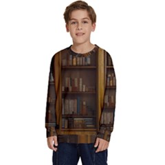 Books Book Shelf Shelves Knowledge Book Cover Gothic Old Ornate Library Kids  Crewneck Sweatshirt