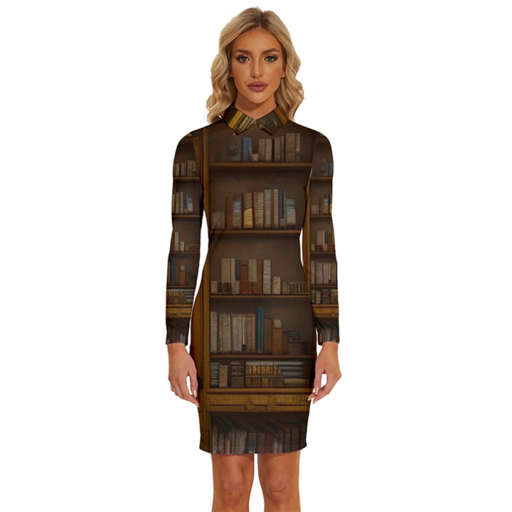 Books Book Shelf Shelves Knowledge Book Cover Gothic Old Ornate Library Long Sleeve Shirt Collar Bodycon Dress