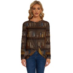 Books Book Shelf Shelves Knowledge Book Cover Gothic Old Ornate Library Long Sleeve Crew Neck Pullover Top