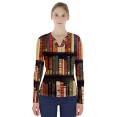 Books Bookshelves Library Fantasy Apothecary Book Nook Literature Study V-neck Long Sleeve Top by Grandong