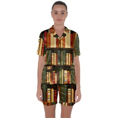 Books Bookshelves Library Fantasy Apothecary Book Nook Literature Study Satin Short Sleeve Pajamas Set by Grandong