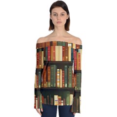 Books Bookshelves Library Fantasy Apothecary Book Nook Literature Study Off Shoulder Long Sleeve Top by Grandong