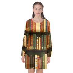 Books Bookshelves Library Fantasy Apothecary Book Nook Literature Study Long Sleeve Chiffon Shift Dress  by Grandong