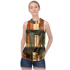 Books Bookshelves Library Fantasy Apothecary Book Nook Literature Study High Neck Satin Top by Grandong