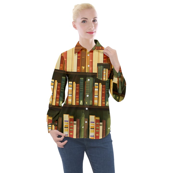 Books Bookshelves Library Fantasy Apothecary Book Nook Literature Study Women s Long Sleeve Pocket Shirt