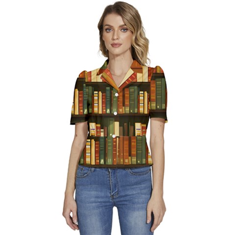 Books Bookshelves Library Fantasy Apothecary Book Nook Literature Study Puffed Short Sleeve Button Up Jacket by Grandong