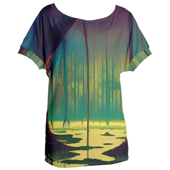 Nature Swamp Water Sunset Spooky Night Reflections Bayou Lake Women s Oversized T-Shirt