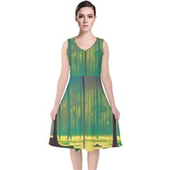 Nature Swamp Water Sunset Spooky Night Reflections Bayou Lake V-neck Midi Sleeveless Dress  by Grandong